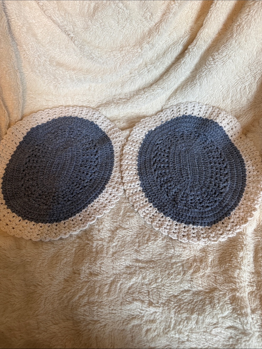 Handmade Crochet Round Accent Doily in Blue and Cream